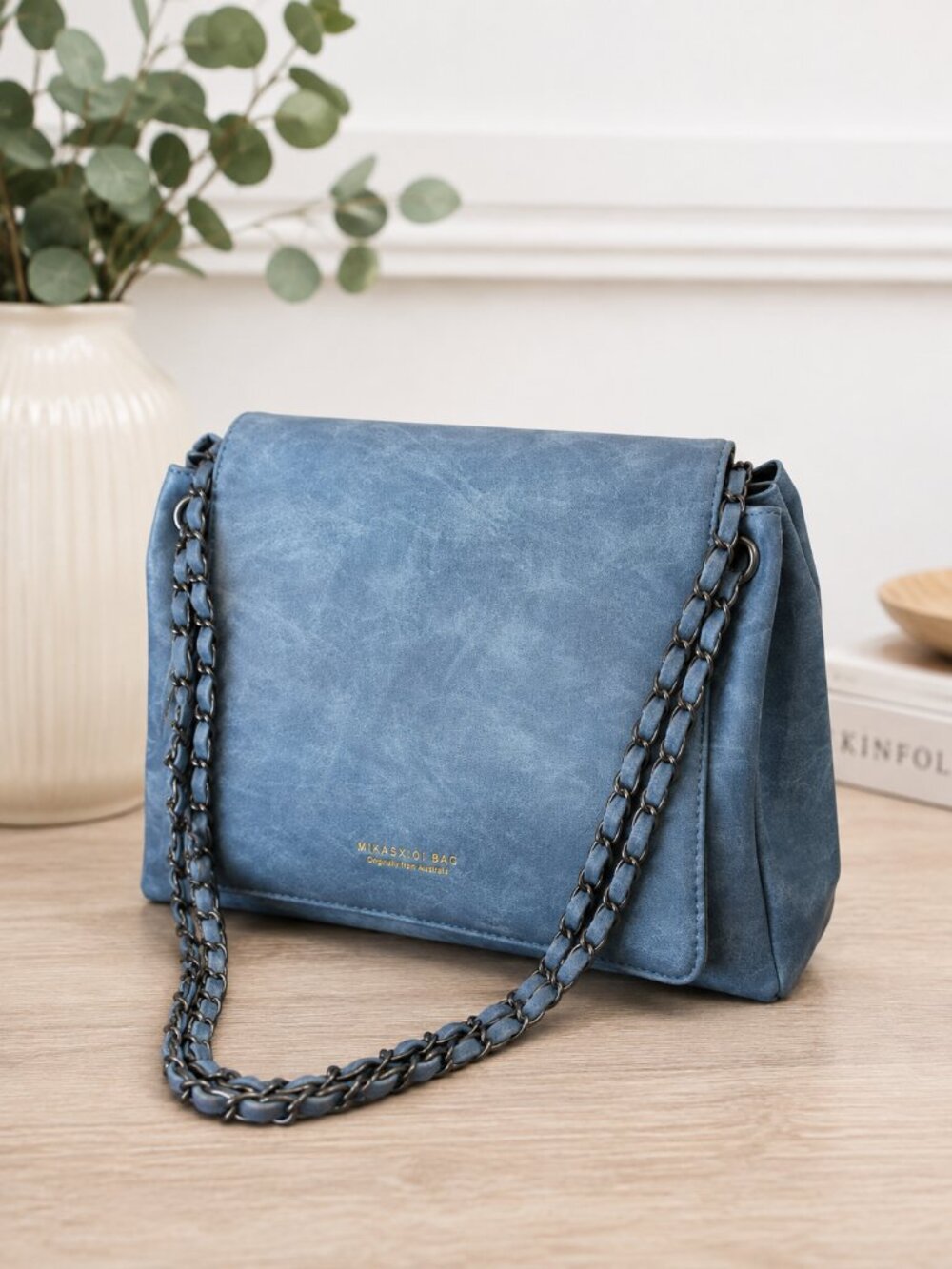 Mikasxioi Blue Vegan Leather Chain Strap Crossbody Bag NEW